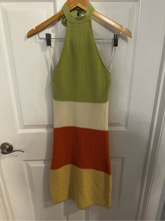SABO Dresses & Skirts - SABO Colorblock Strapless Halter Knit Dress in Green, Cream & Orange